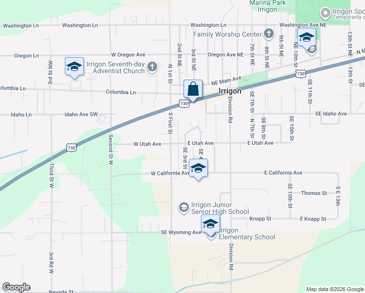 map of restaurants, bars, coffee shops, grocery stores, and more near 210 South First Street in Irrigon