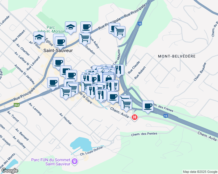 map of restaurants, bars, coffee shops, grocery stores, and more near 170 Rue Privée in Saint-Sauveur