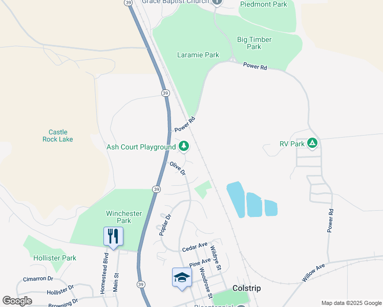 map of restaurants, bars, coffee shops, grocery stores, and more near 45 Ash Street in Colstrip