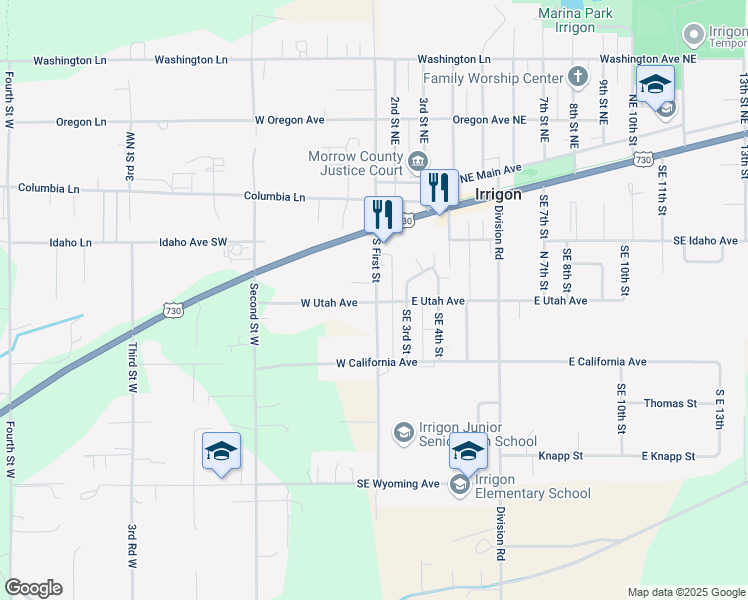 map of restaurants, bars, coffee shops, grocery stores, and more near 260 South First Street in Irrigon