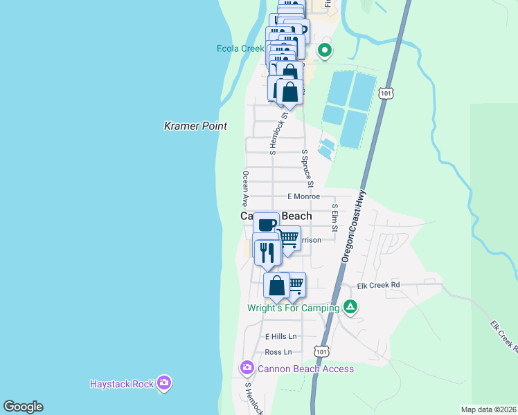 map of restaurants, bars, coffee shops, grocery stores, and more near 164 West Jackson in Cannon Beach