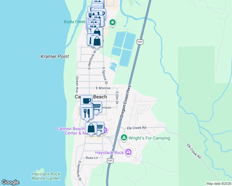 map of restaurants, bars, coffee shops, grocery stores, and more near 263 East Monroe in Cannon Beach