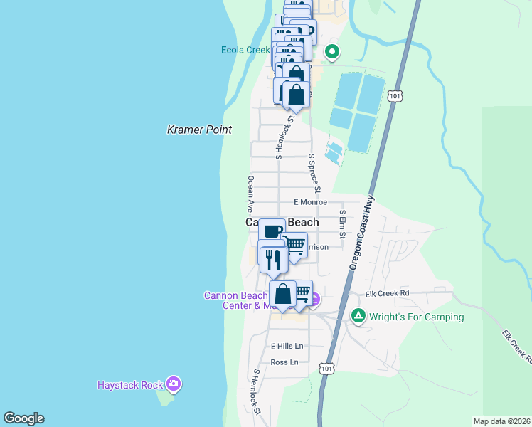 map of restaurants, bars, coffee shops, grocery stores, and more near 148 West Jackson in Cannon Beach