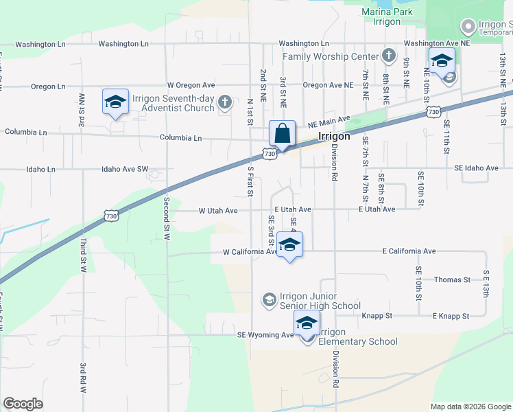 map of restaurants, bars, coffee shops, grocery stores, and more near 210 South First Street in Irrigon
