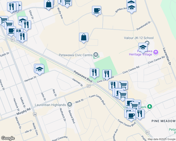 map of restaurants, bars, coffee shops, grocery stores, and more near 30 Vereyken Crescent in Petawawa