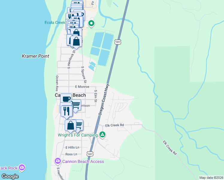 map of restaurants, bars, coffee shops, grocery stores, and more near 453 Elk Land Road in Cannon Beach