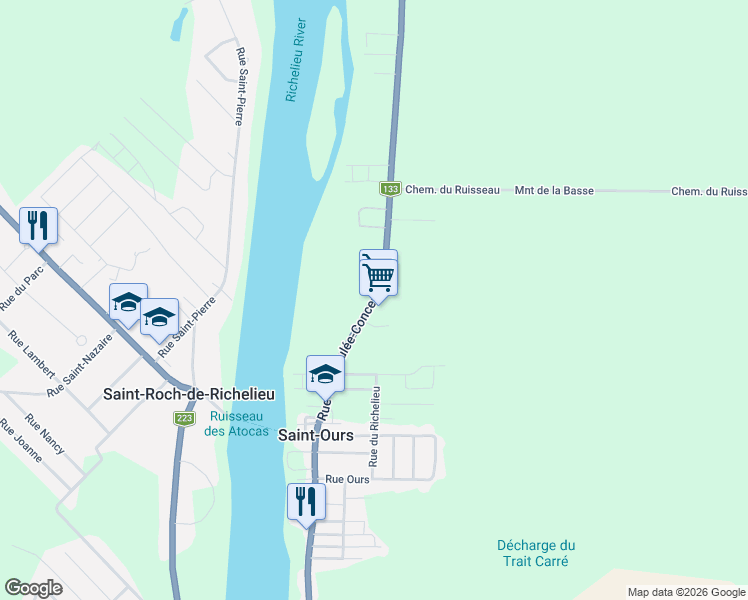 map of restaurants, bars, coffee shops, grocery stores, and more near Chemin des Patriotes in Saint-Ours