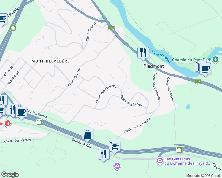 map of restaurants, bars, coffee shops, grocery stores, and more near 331 Chemin des Mélèzes in Piedmont