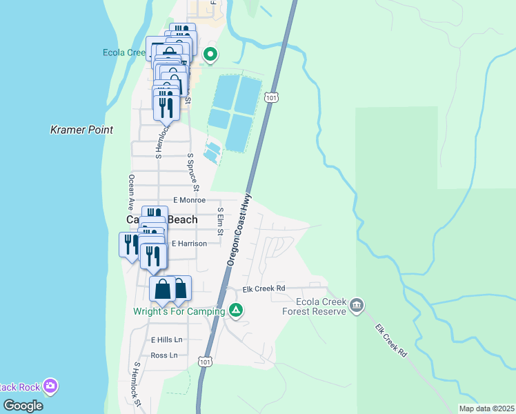 map of restaurants, bars, coffee shops, grocery stores, and more near 453 Elk Land Road in Cannon Beach