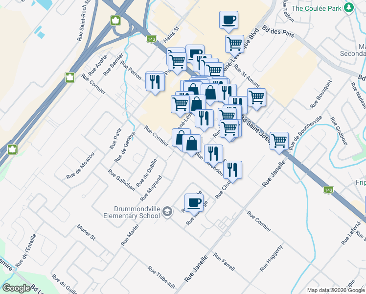 map of restaurants, bars, coffee shops, grocery stores, and more near 1205 Boulevard René Lévesque in Drummondville