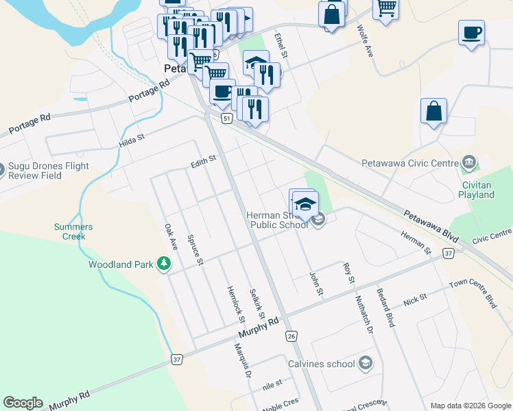 map of restaurants, bars, coffee shops, grocery stores, and more near 31 Mary Street in Petawawa