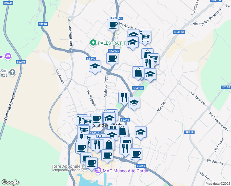 map of restaurants, bars, coffee shops, grocery stores, and more near Viale dei Tigli in Riva del Garda