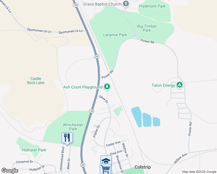 map of restaurants, bars, coffee shops, grocery stores, and more near 45 Ash Street in Colstrip