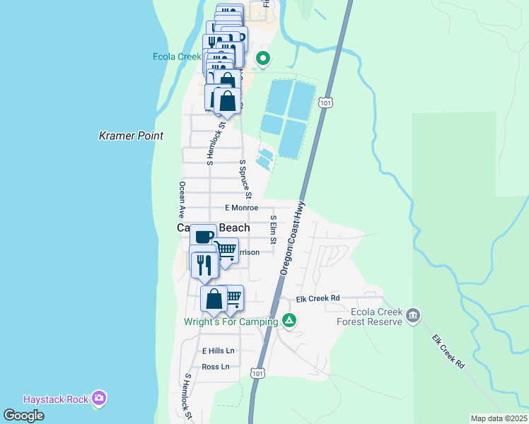 map of restaurants, bars, coffee shops, grocery stores, and more near 263 East Monroe Street in Cannon Beach