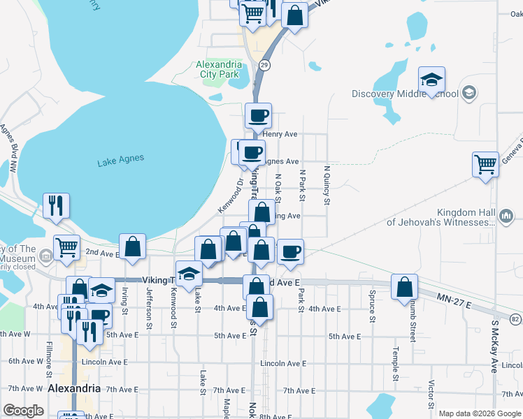 map of restaurants, bars, coffee shops, grocery stores, and more near 205 North Oak Street in Alexandria