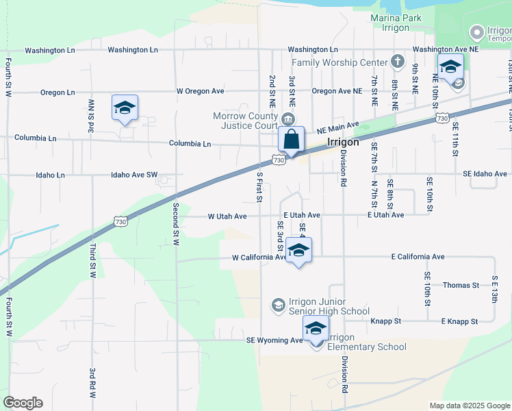 map of restaurants, bars, coffee shops, grocery stores, and more near 260 South First Street in Irrigon