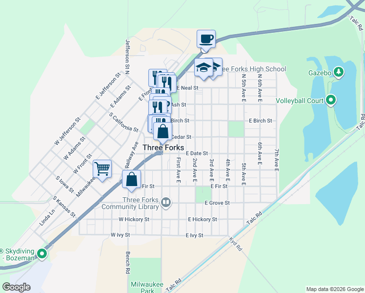 map of restaurants, bars, coffee shops, grocery stores, and more near 215 First Avenue East in Three Forks