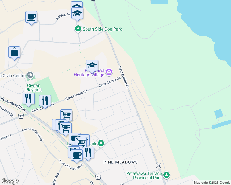map of restaurants, bars, coffee shops, grocery stores, and more near 47 Morning Star Street in Petawawa