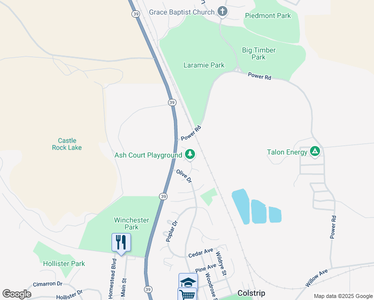 map of restaurants, bars, coffee shops, grocery stores, and more near 45 Ash Street in Colstrip