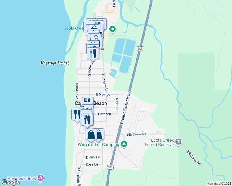 map of restaurants, bars, coffee shops, grocery stores, and more near 263 East Monroe in Cannon Beach