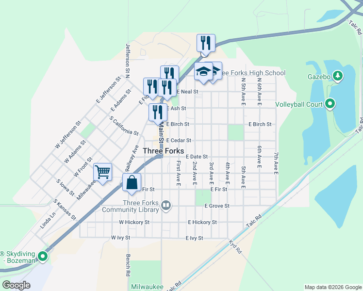map of restaurants, bars, coffee shops, grocery stores, and more near 215 First Avenue East in Three Forks