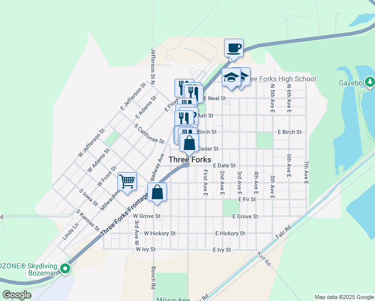 map of restaurants, bars, coffee shops, grocery stores, and more near 202 South Main Street in Three Forks