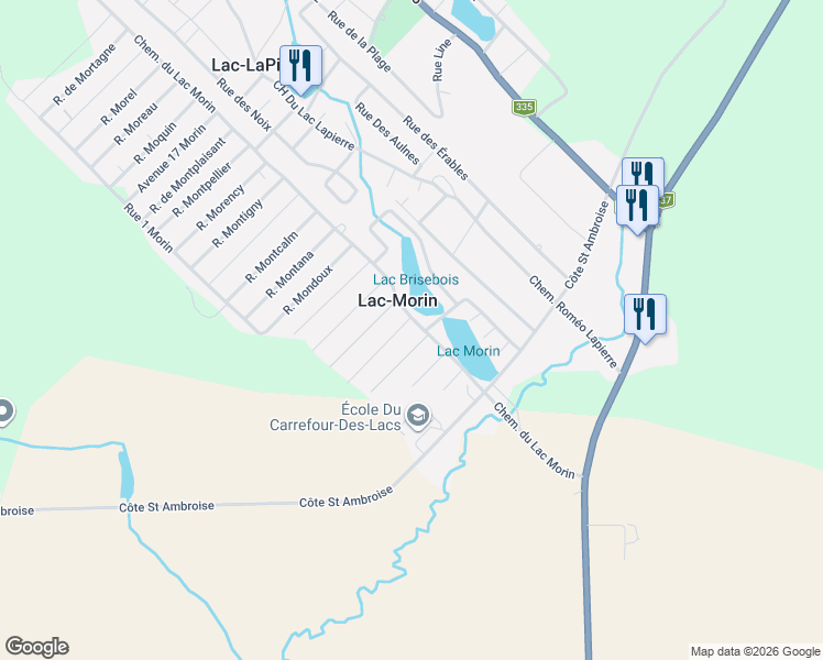 map of restaurants, bars, coffee shops, grocery stores, and more near 102 Rue Montfort in Saint-Lin-Laurentides