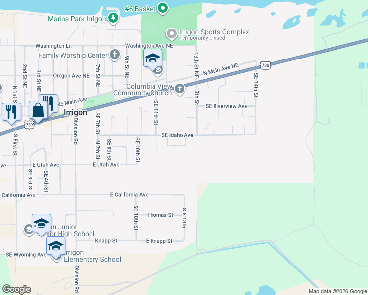 map of restaurants, bars, coffee shops, grocery stores, and more near 160 Southeast Charity Loop in Irrigon