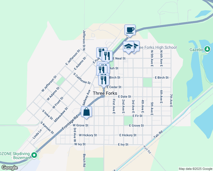 map of restaurants, bars, coffee shops, grocery stores, and more near 123 South Main Street in Three Forks