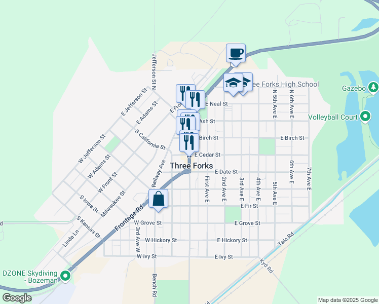 map of restaurants, bars, coffee shops, grocery stores, and more near 123 South Main Street in Three Forks