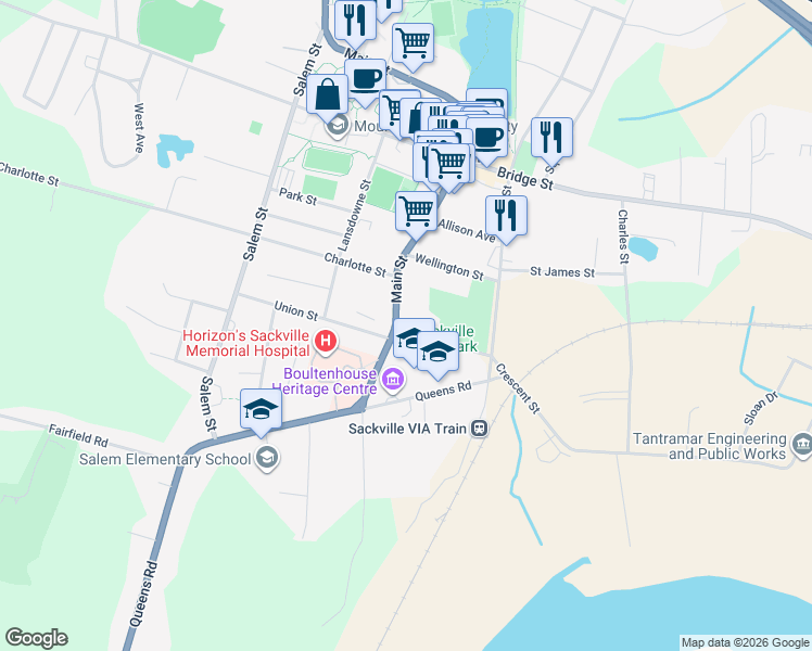 map of restaurants, bars, coffee shops, grocery stores, and more near 21 Main Street in Sackville