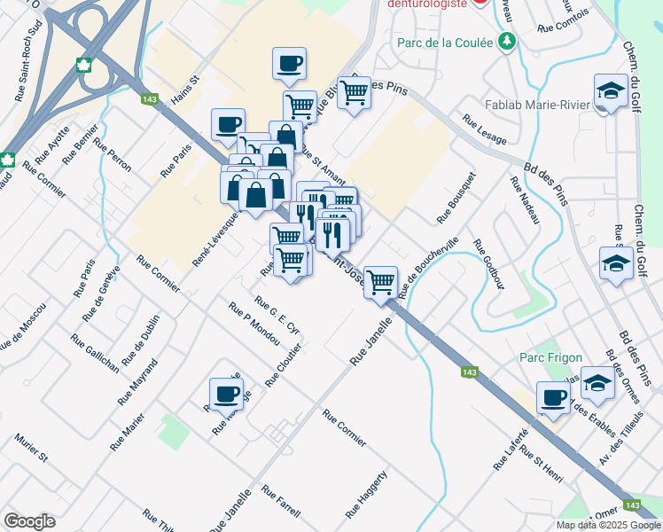 map of restaurants, bars, coffee shops, grocery stores, and more near 571 Boulevard Saint-Joseph in Drummondville