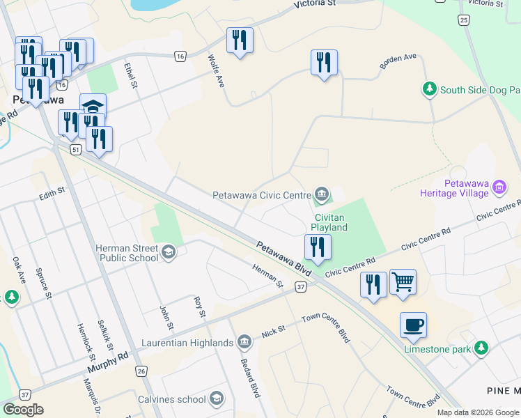 map of restaurants, bars, coffee shops, grocery stores, and more near 4 Dutch Drive in Petawawa