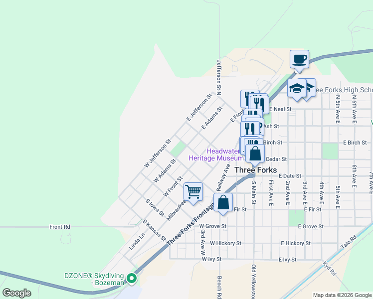 map of restaurants, bars, coffee shops, grocery stores, and more near 22 West Adams Street in Three Forks