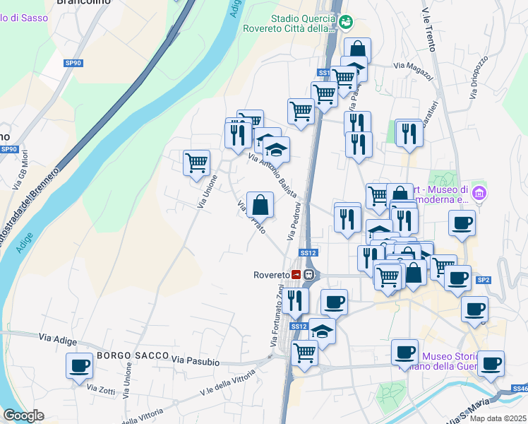 map of restaurants, bars, coffee shops, grocery stores, and more near 2 Via del Macello in Rovereto