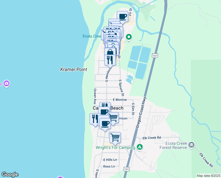 map of restaurants, bars, coffee shops, grocery stores, and more near 487 South Hemlock Street in Cannon Beach