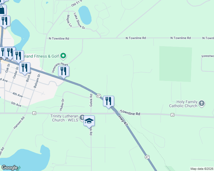 map of restaurants, bars, coffee shops, grocery stores, and more near Sarah B Lane in Woodruff