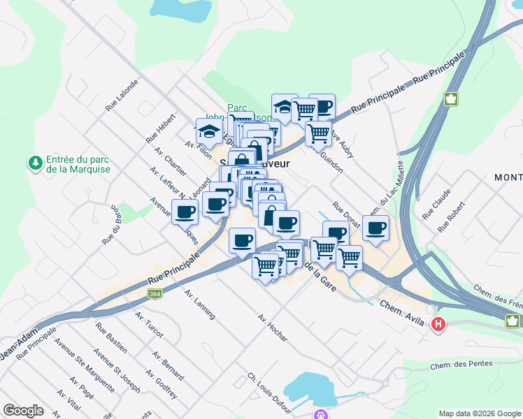 map of restaurants, bars, coffee shops, grocery stores, and more near 28 Avenue de la Gare in Saint-Sauveur