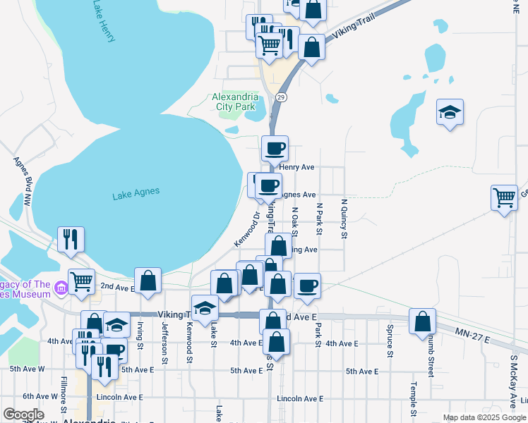 map of restaurants, bars, coffee shops, grocery stores, and more near 307 North Nokomis Street in Alexandria