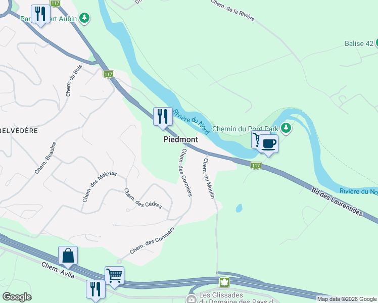 map of restaurants, bars, coffee shops, grocery stores, and more near 552 Québec 117 in Piedmont
