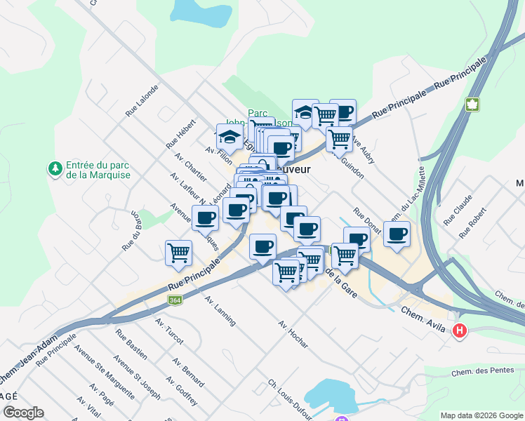 map of restaurants, bars, coffee shops, grocery stores, and more near 11 Avenue de la Gare in Saint-Sauveur