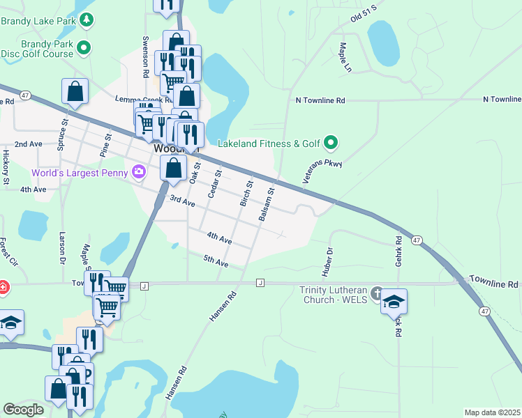 map of restaurants, bars, coffee shops, grocery stores, and more near 1321 2nd Avenue in Woodruff
