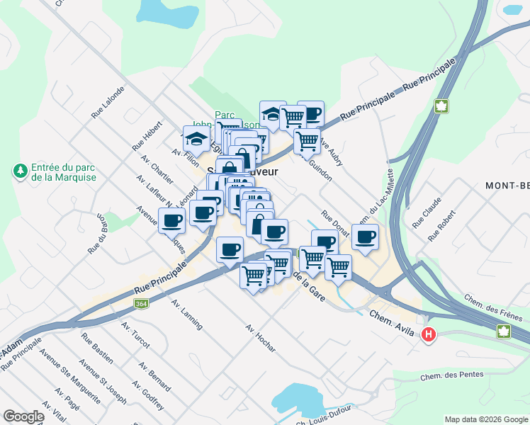 map of restaurants, bars, coffee shops, grocery stores, and more near 15 Avenue du Souvenir in Saint-Sauveur