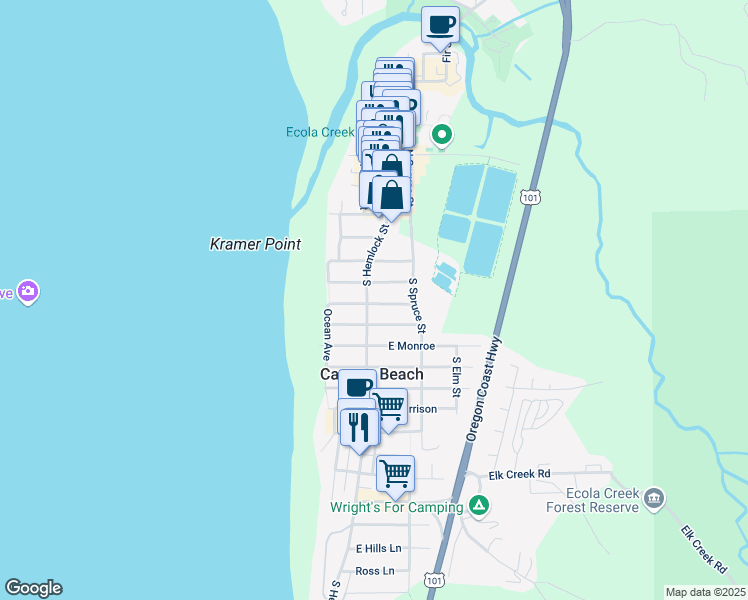 map of restaurants, bars, coffee shops, grocery stores, and more near 487 South Hemlock Street in Cannon Beach
