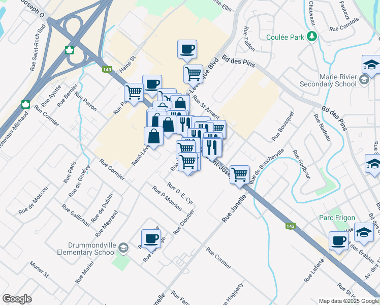 map of restaurants, bars, coffee shops, grocery stores, and more near 341 Rue William in Drummondville