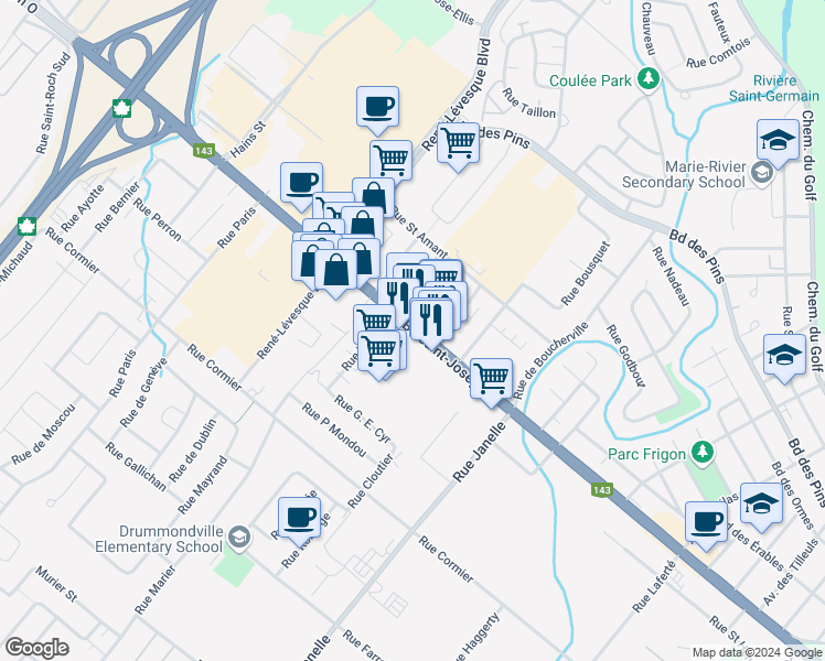 map of restaurants, bars, coffee shops, grocery stores, and more near 565 Boulevard Saint-Joseph in Drummondville