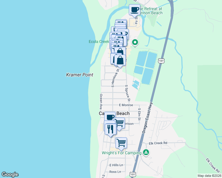 map of restaurants, bars, coffee shops, grocery stores, and more near 432 South Hemlock Street in Cannon Beach