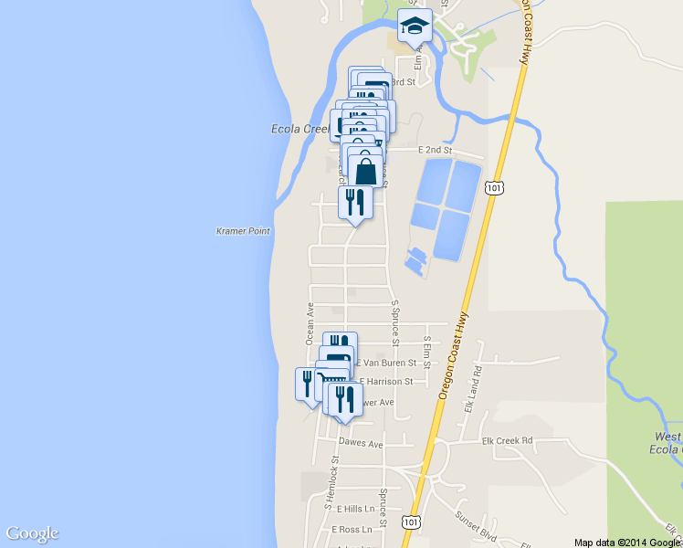map of restaurants, bars, coffee shops, grocery stores, and more near 432 South Hemlock Street in Cannon Beach