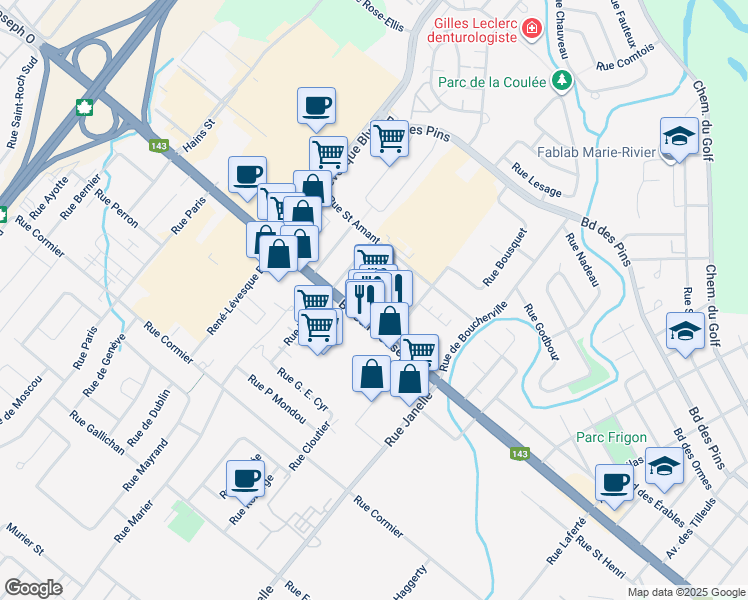 map of restaurants, bars, coffee shops, grocery stores, and more near 571 Boulevard Saint-Joseph in Drummondville