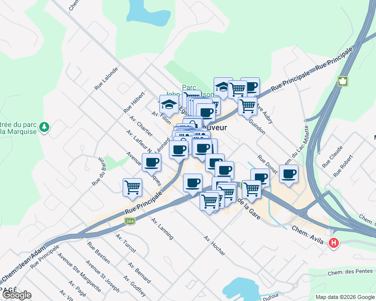 map of restaurants, bars, coffee shops, grocery stores, and more near 205 Rue Principale in Saint-Sauveur
